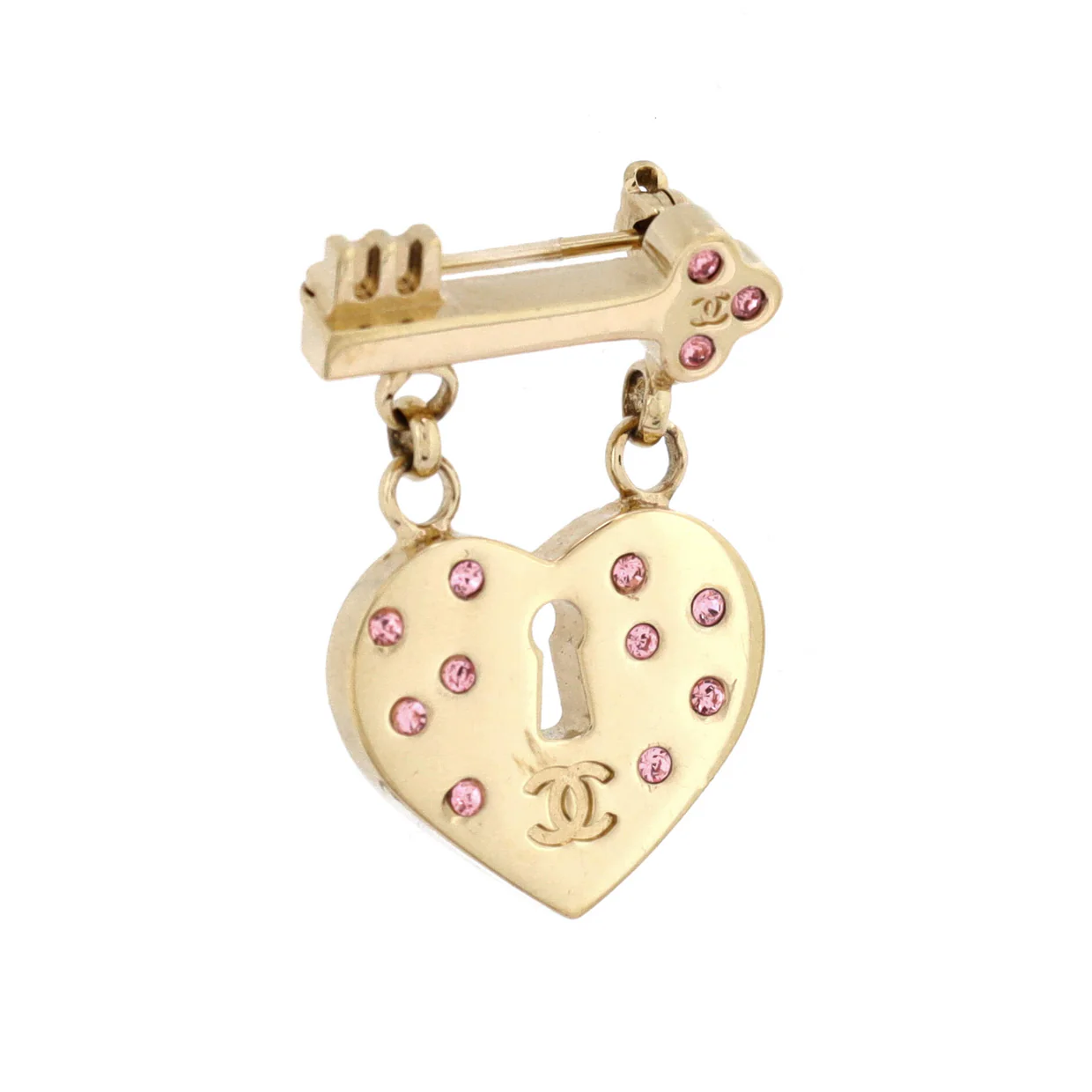 CC Heart Lock and Key Brooch Metal with Crystal - Deep Luxury