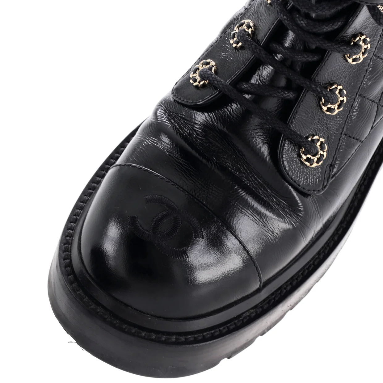 Women's Chain CC Cap Toe Lace Up Combat Boots Quilted Shiny Calfskin - Deep Luxury