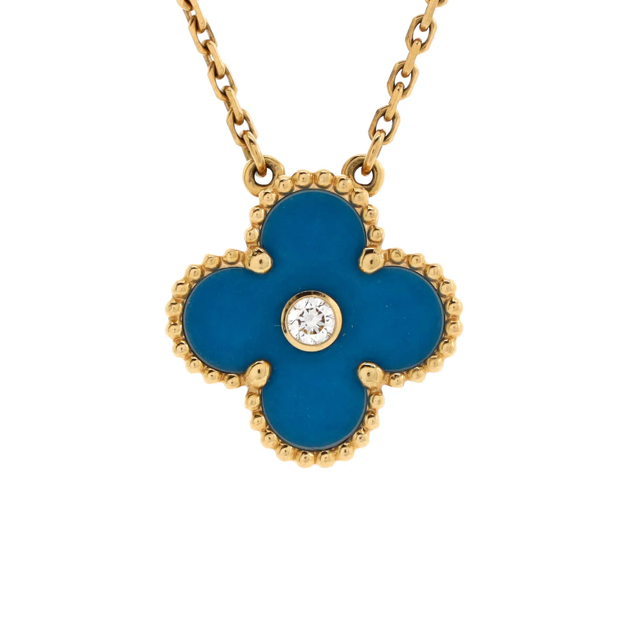 Vintage Alhambra Pendant Necklace 18K Yellow Gold and Blue Sevres Porcelain with Diamond - Deep Luxury