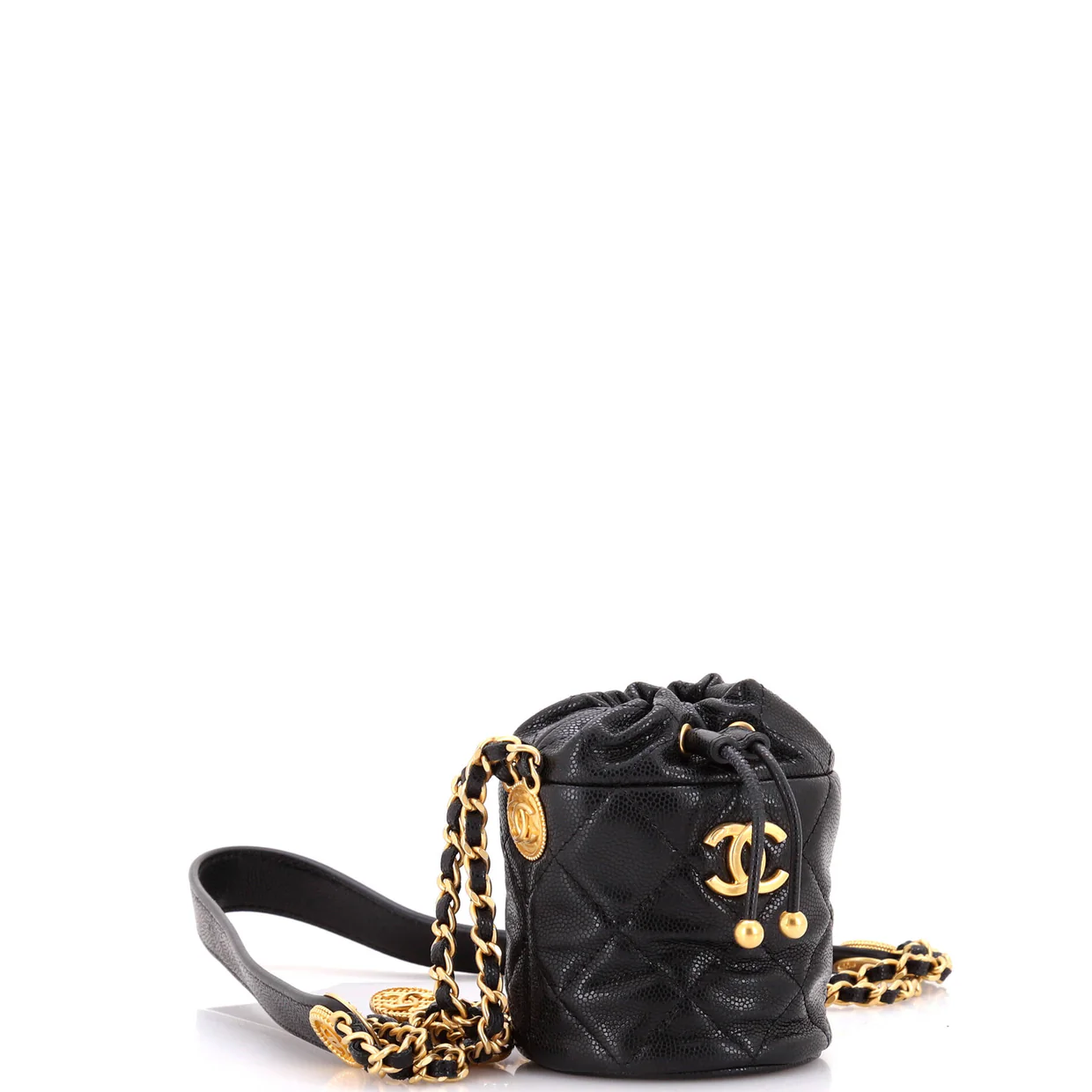 Twist Your Buttons Drawstring Bucket Bag Quilted Caviar Mini - Deep Luxury