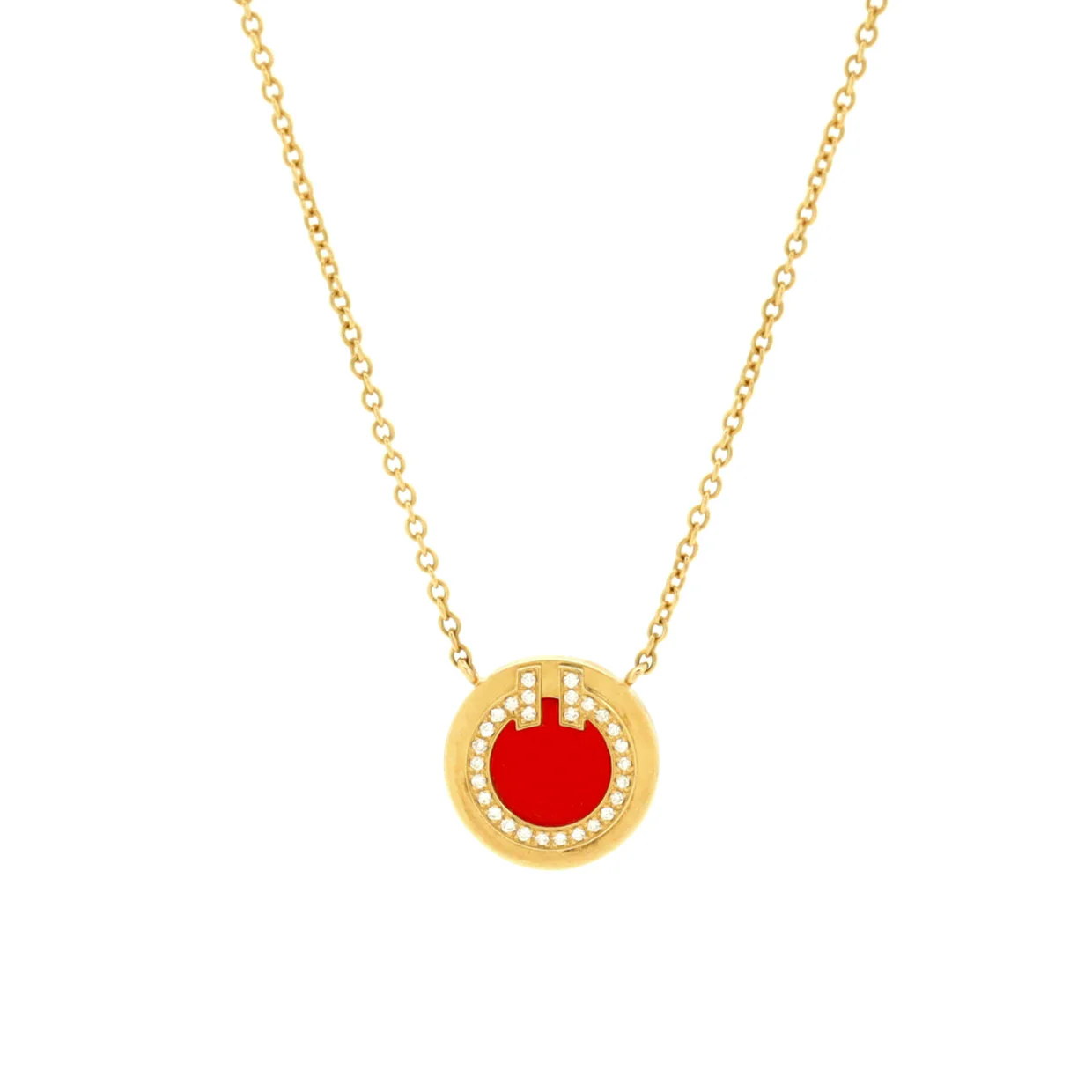 T Circle Pendant Necklace 18K Yellow Gold with Carnelian and Diamonds Small - Deep Luxury