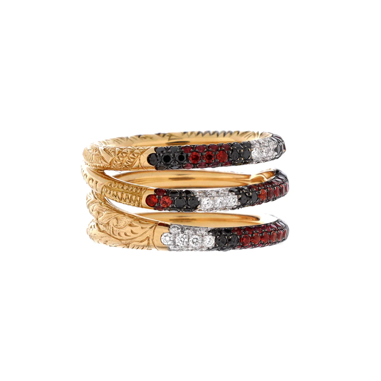 Ouroboros Snake 3 Row Ring 18K Yellow Gold with Diamonds, Topaz and Sapphire - Deep Luxury