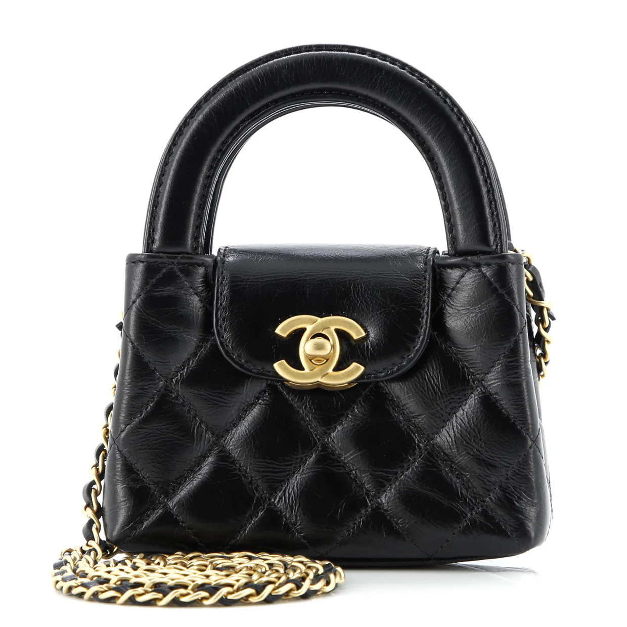 Kelly Top Handle Shopping Bag Quilted Shiny Aged Calfskin Nano - Deep Luxury