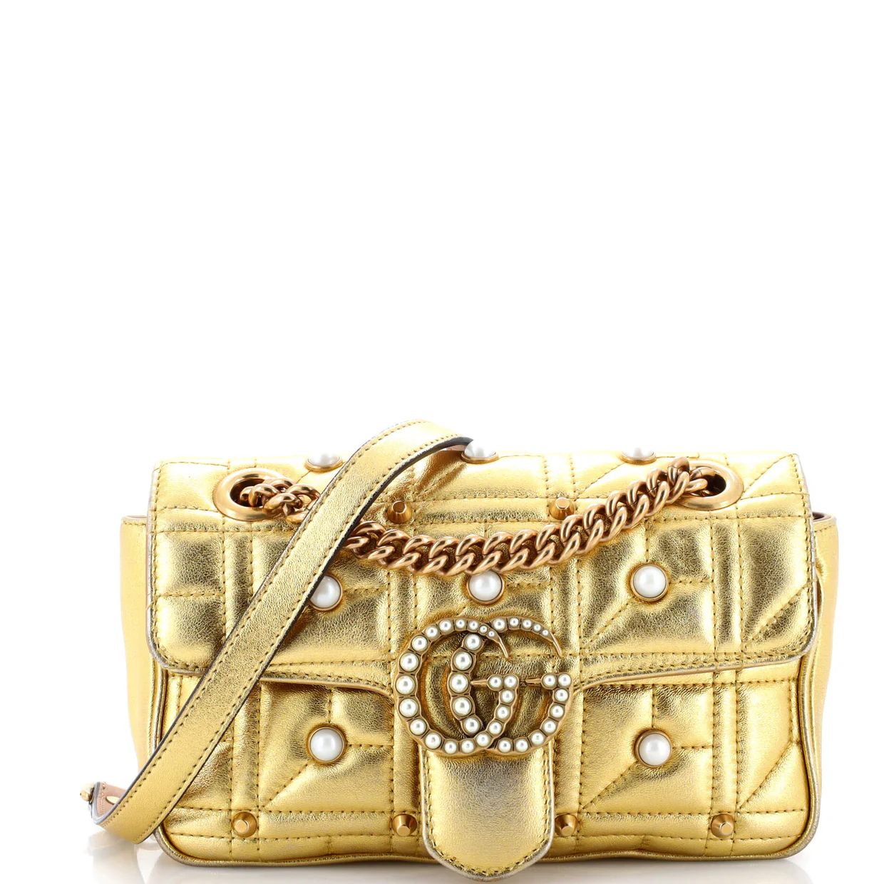 Pearly GG Marmont Flap Bag Embellished Matelasse Leather Small - Deep Luxury