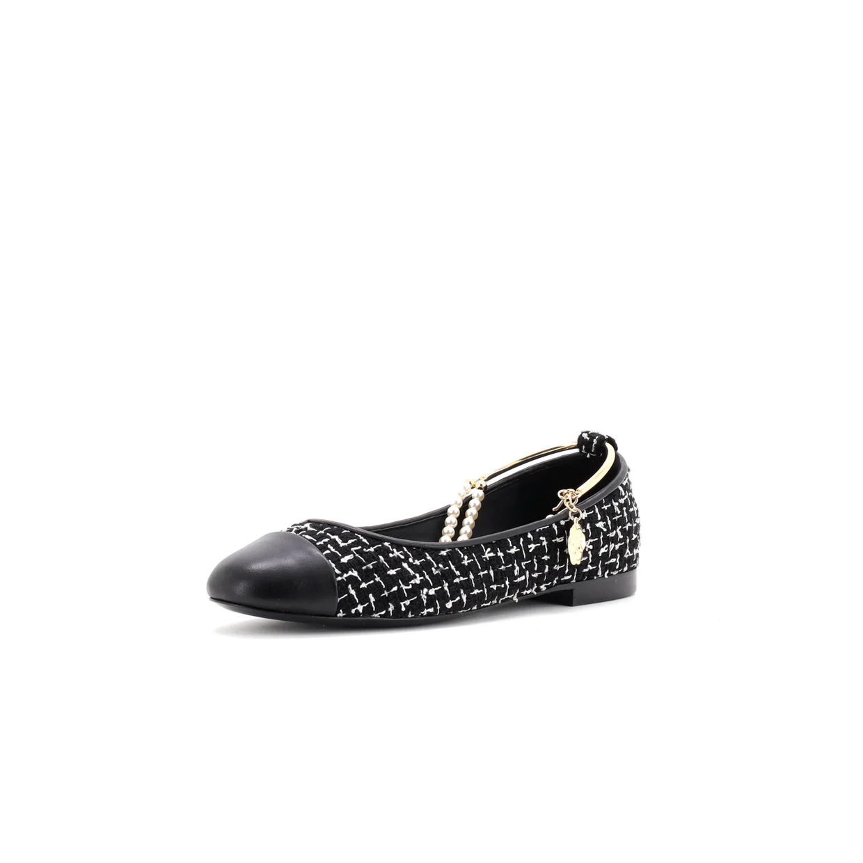 Women's Ballet Flats with Ankle Chain Tweed with Faux Pearls - Deep Luxury