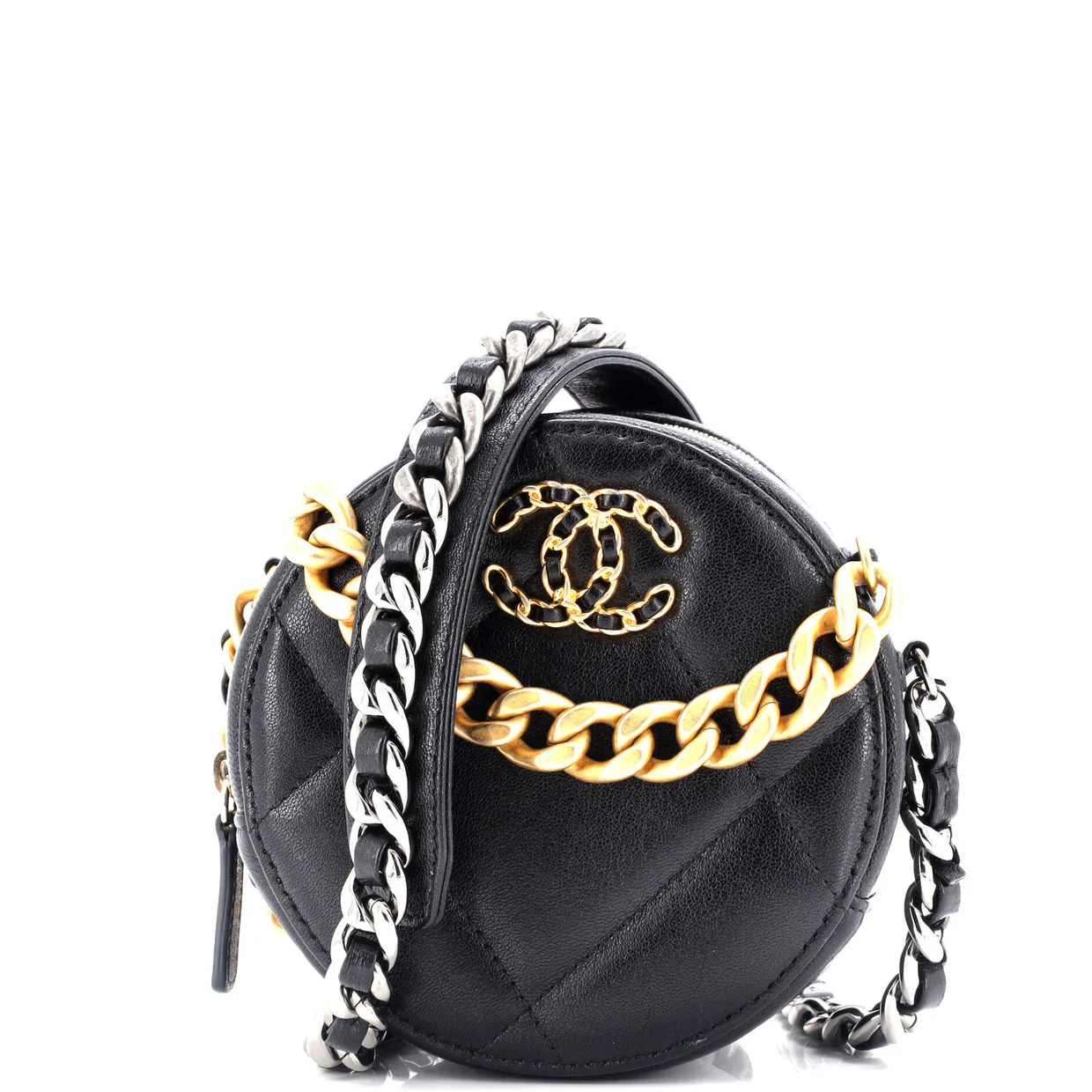 19 Round Clutch with Chain Quilted Leather - Deep Luxury