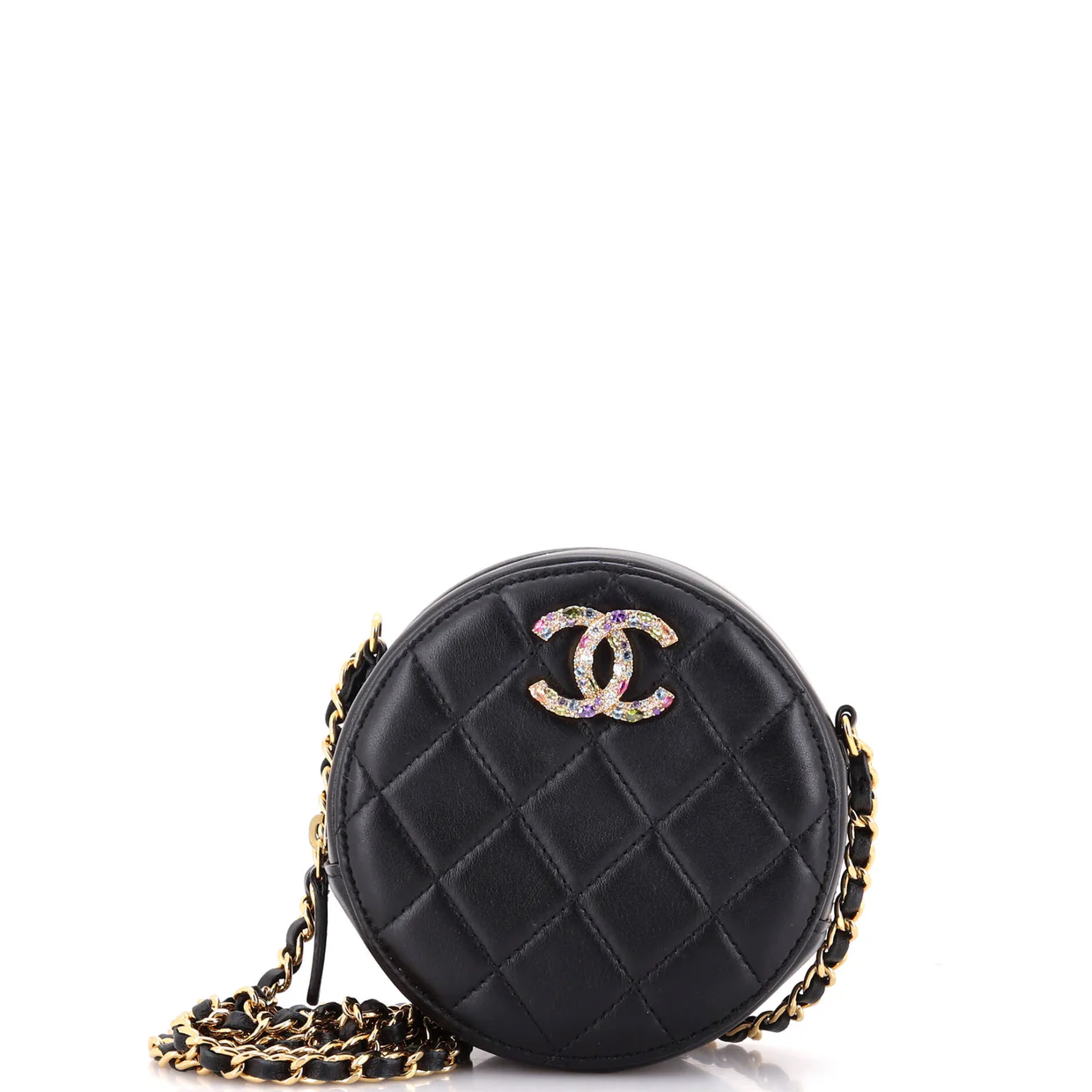 Round Clutch with Chain Quilted Lambskin with Zirconium - Deep Luxury