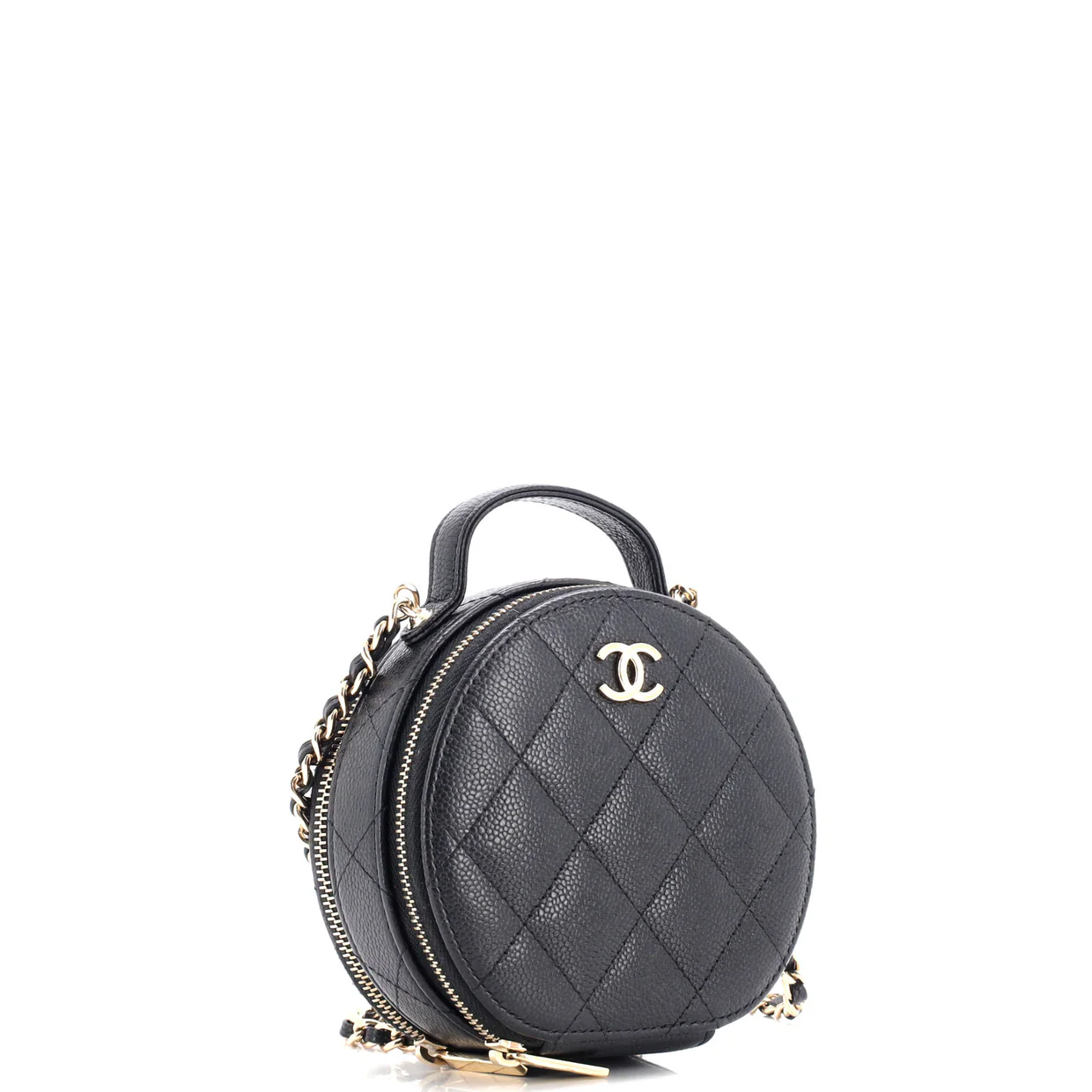 Handle with Care Round Vanity Case with Chain Quilted Caviar Small - Deep Luxury