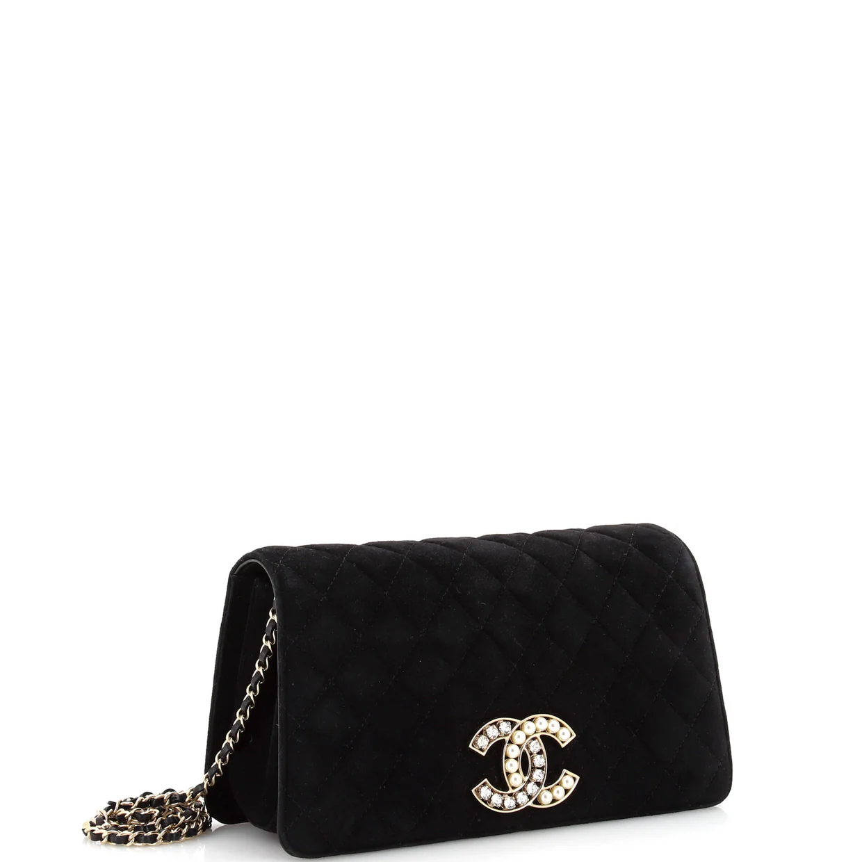 CC Chain Full Flap Bag Quilted Suede with Faux Pearls and Crystals - Deep Luxury