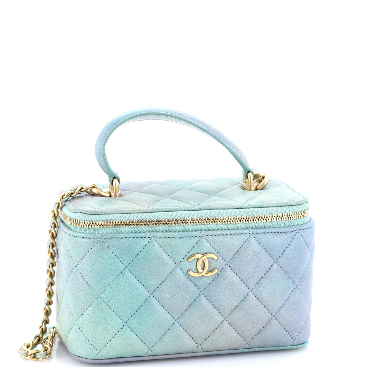 Classic Top Handle Vanity Case with Chain Quilted Iridescent Rainbow Lambskin Small - Deep Luxury