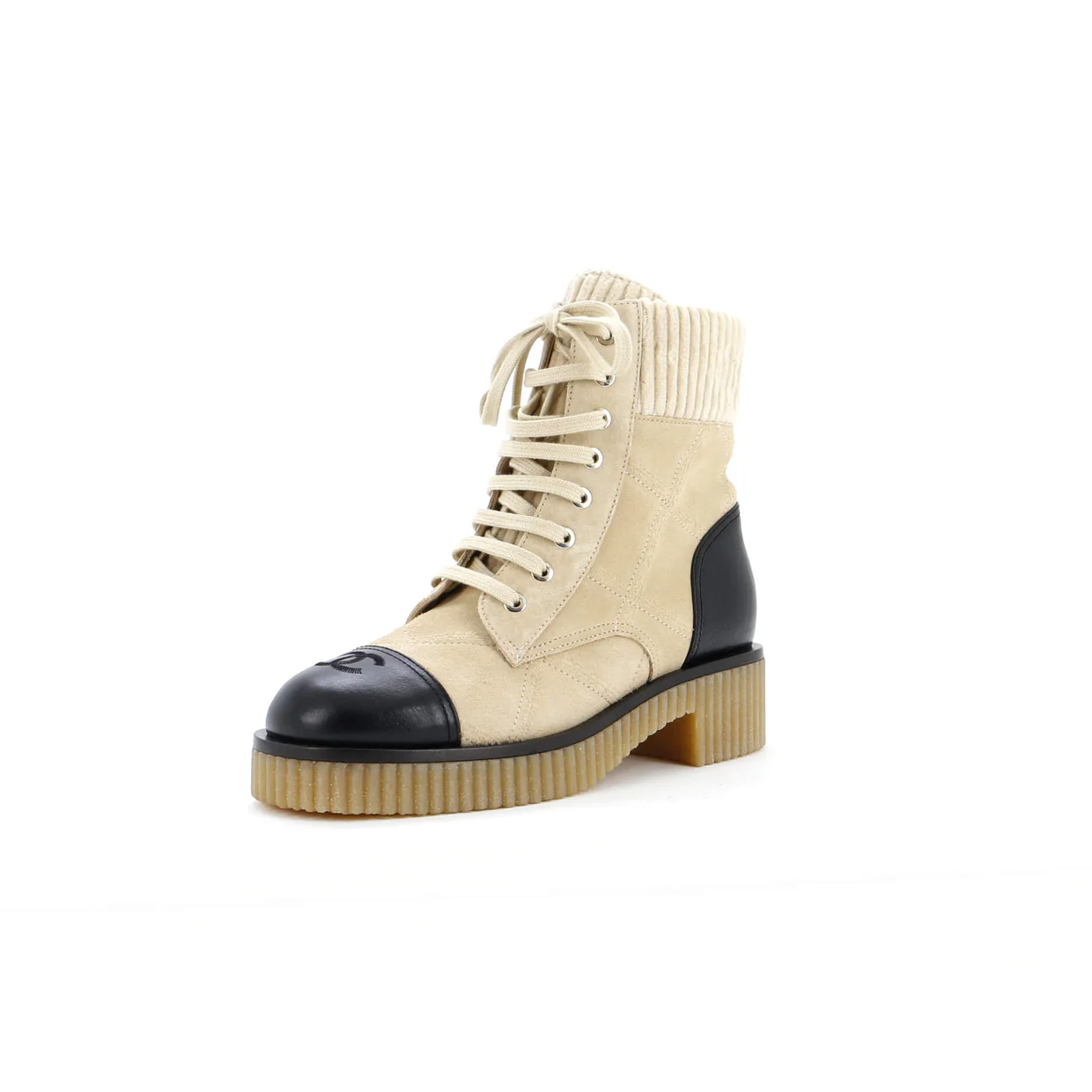 Women's Chain CC Cap Toe Lace Up Combat Boots Quilted Leather - Deep Luxury