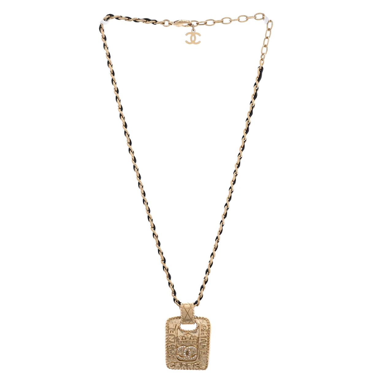 CC Logo Medallion Chain Pendant Necklace Metal with Crystals and Leather - Deep Luxury