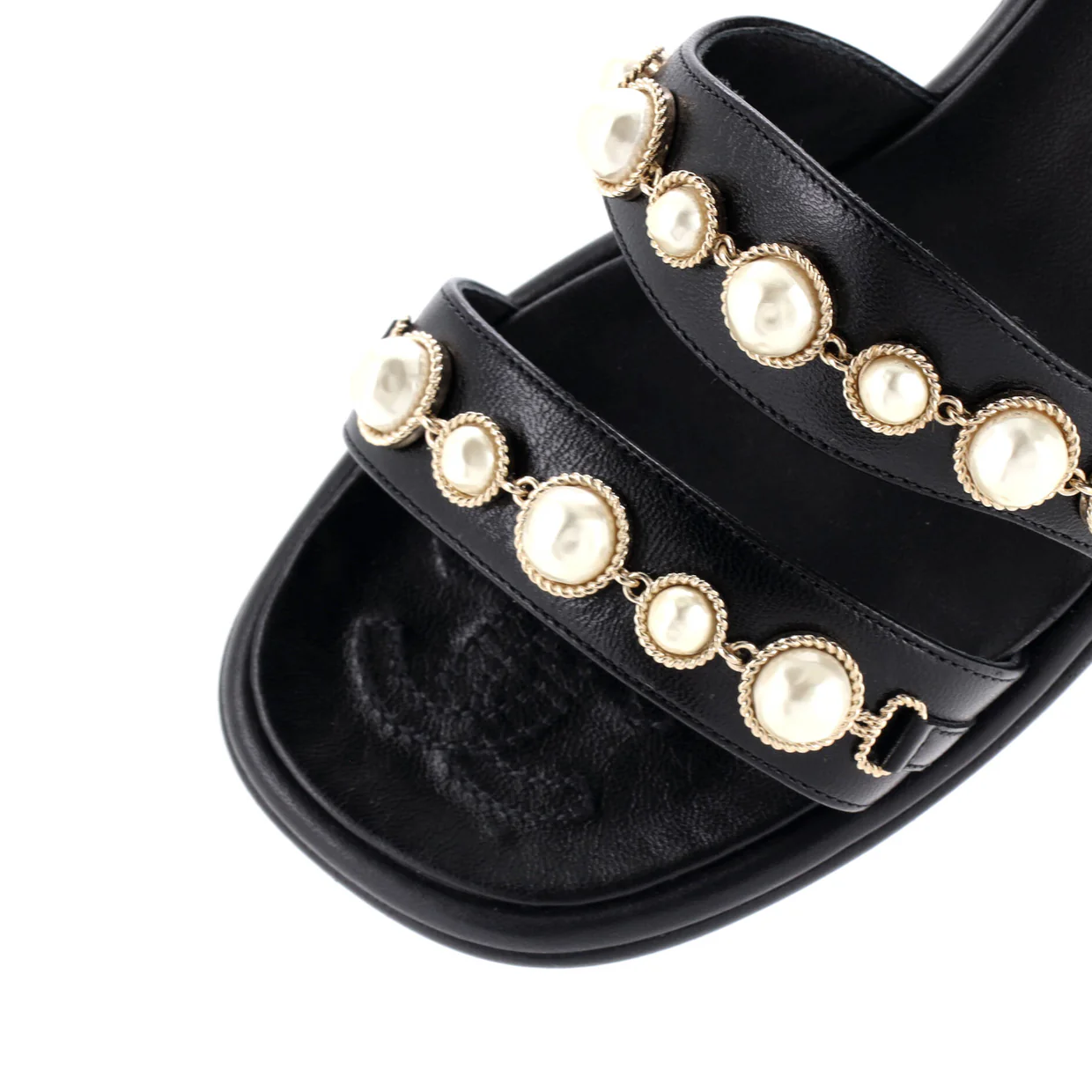 Women's Double Strap Slide Sandals Leather and Faux Pearls - Deep Luxury