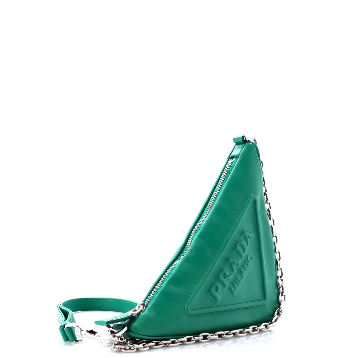 Triangle Logo Zip Chain Crossbody Bag Embossed Leather Small - Deep Luxury