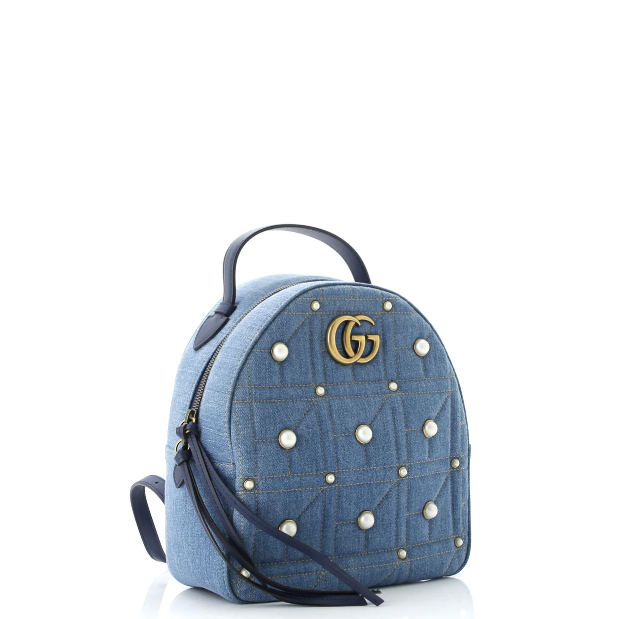 Pearly GG Marmont Backpack Embellished Matelasse Denim Small - Deep Luxury