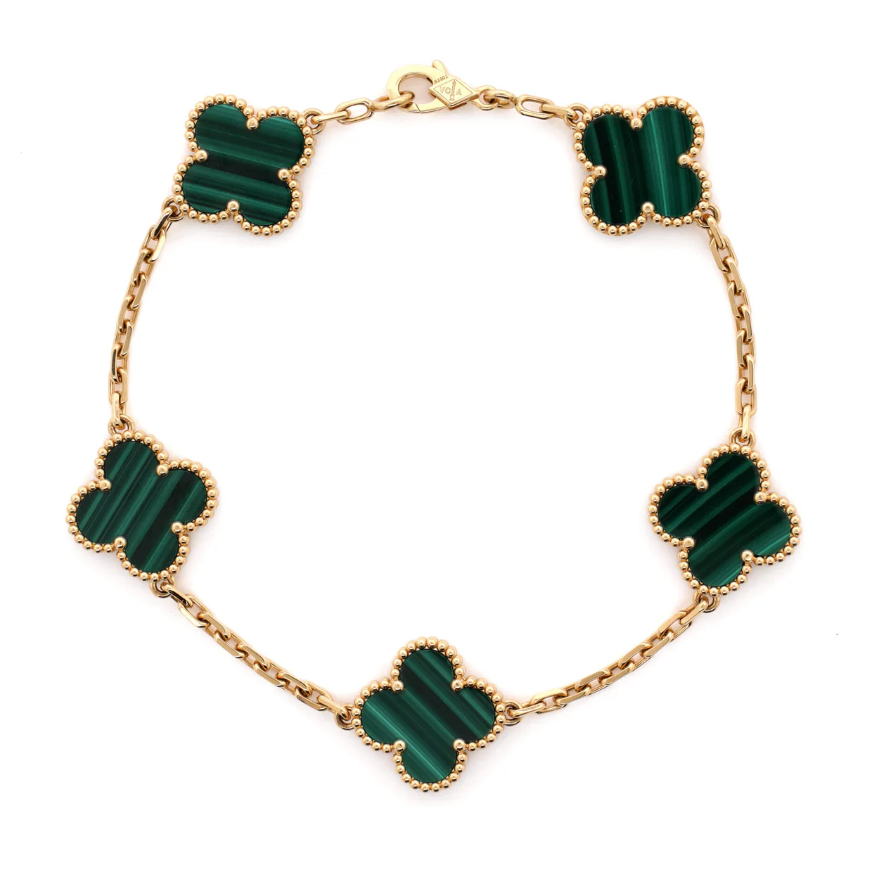 Vintage Alhambra 5 Motifs Bracelet 18K Yellow Gold and Malachite - Deep Luxury