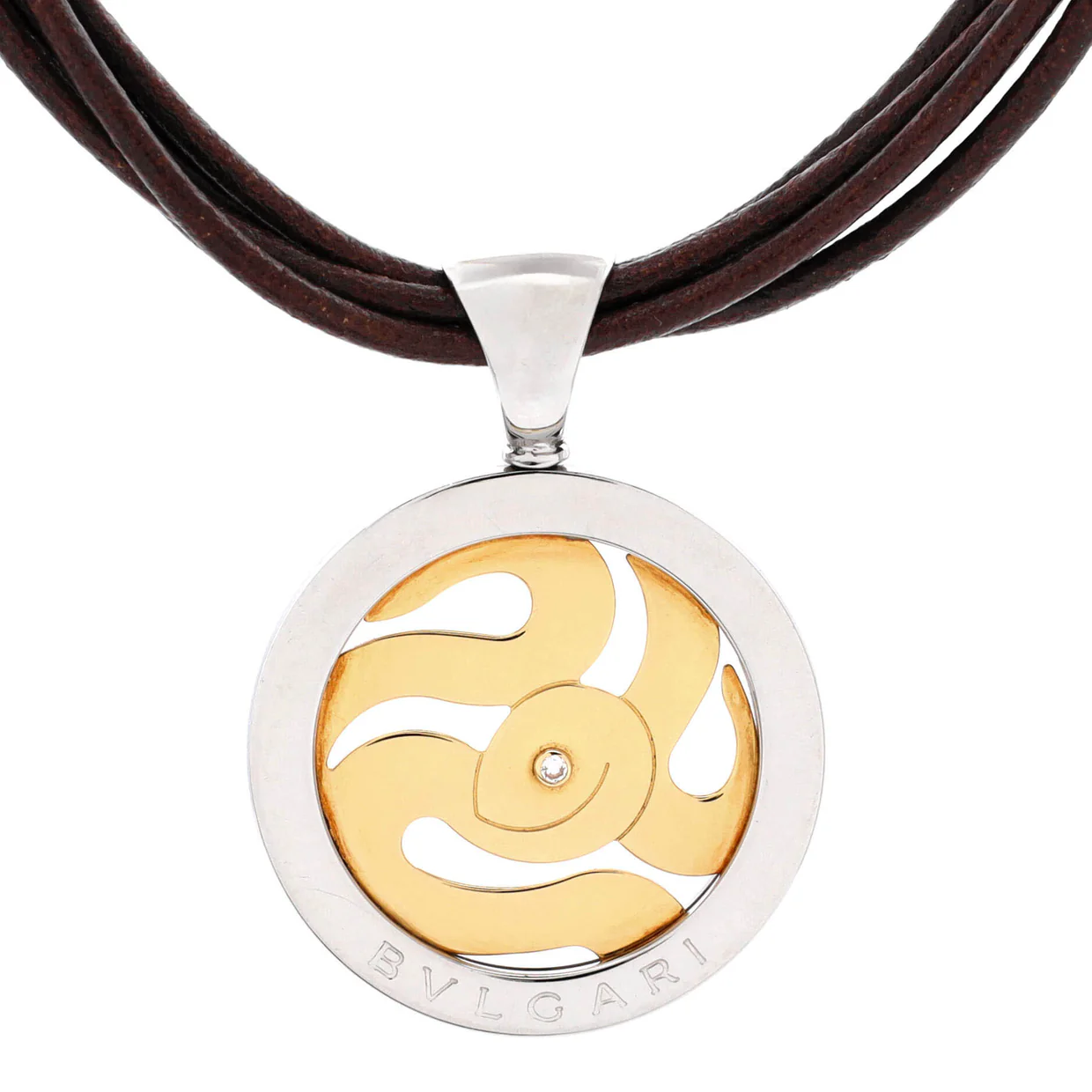 Tondo Snake Pendant Necklace Leather with Stainless Steel and 18K Yellow Gold with Diamond - Deep Luxury