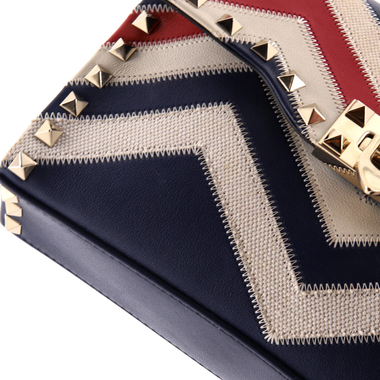 Rockstud Flip Lock Flap Bag Leather and Canvas Small - Deep Luxury