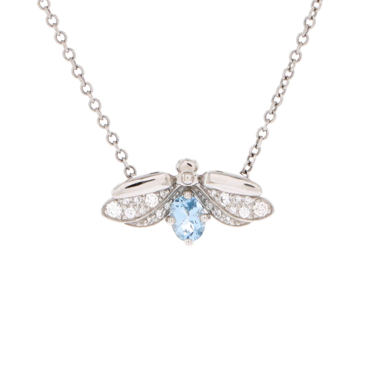 Paper Flowers Firefly Pendant Necklace Platinum with Diamonds and Aquamarine Small - Deep Luxury