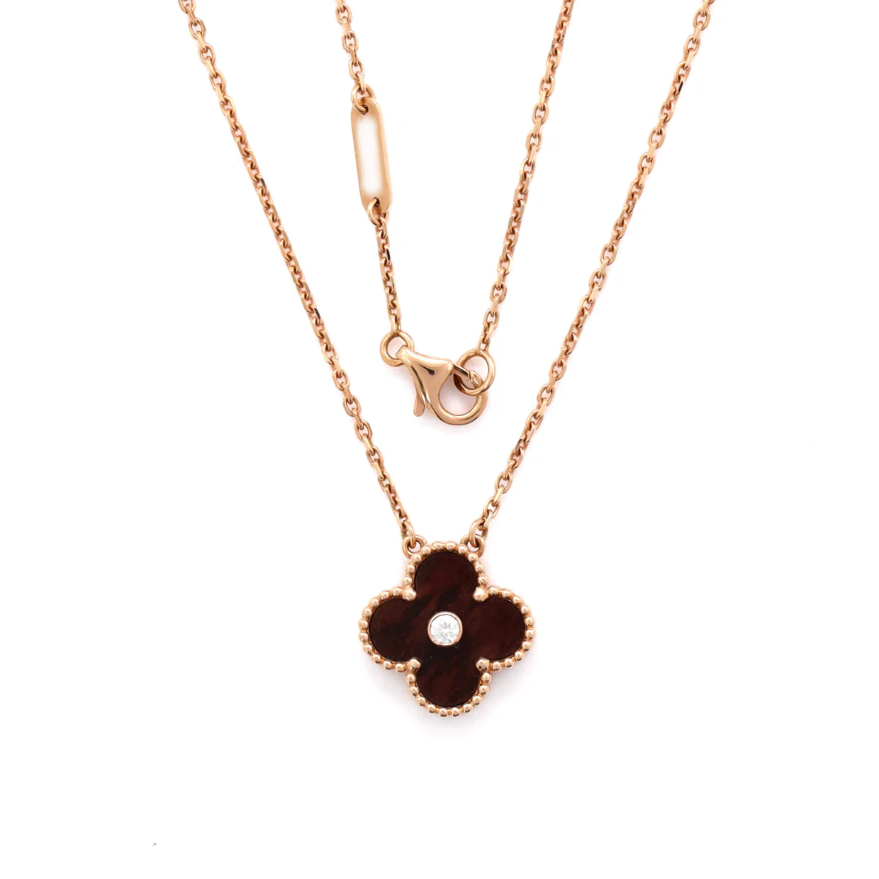 Vintage Alhambra Pendant Necklace 18K Rose Gold and Letterwood with Diamond - Deep Luxury