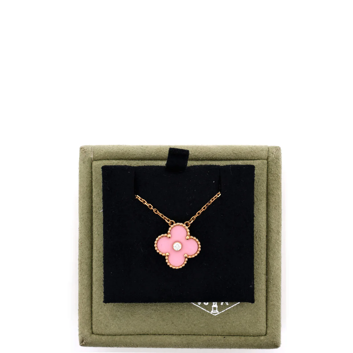 Vintage Alhambra Pendant Necklace 18K Rose Gold and Pink Opal with Diamond - Deep Luxury