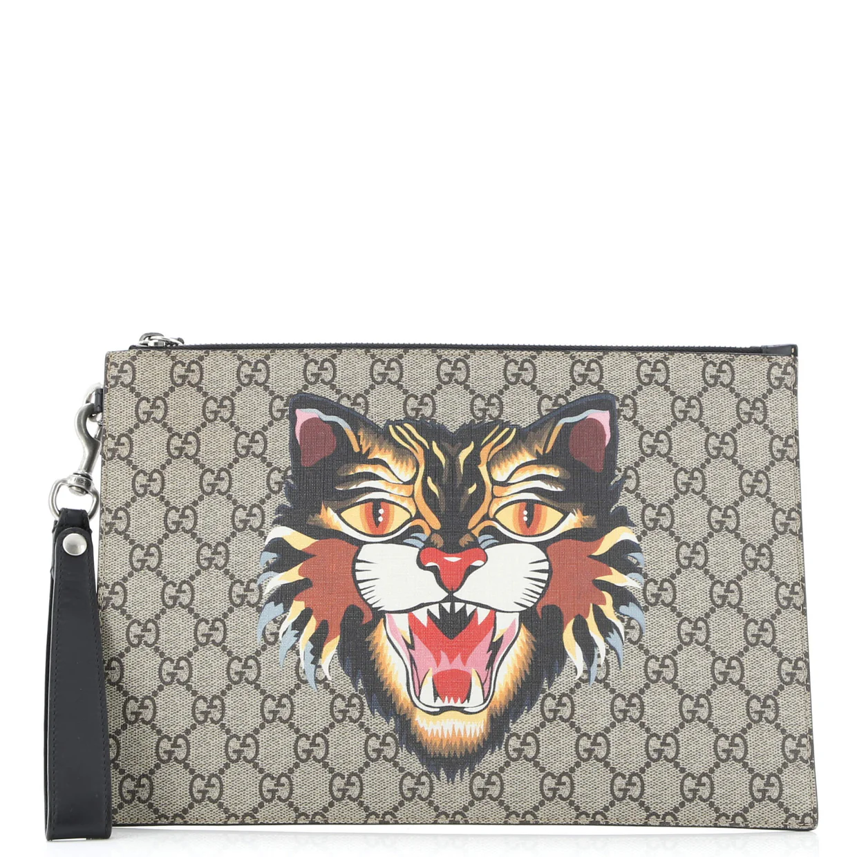 Zipped Pouch Angry Cat GG Coated Canvas Large - Deep Luxury