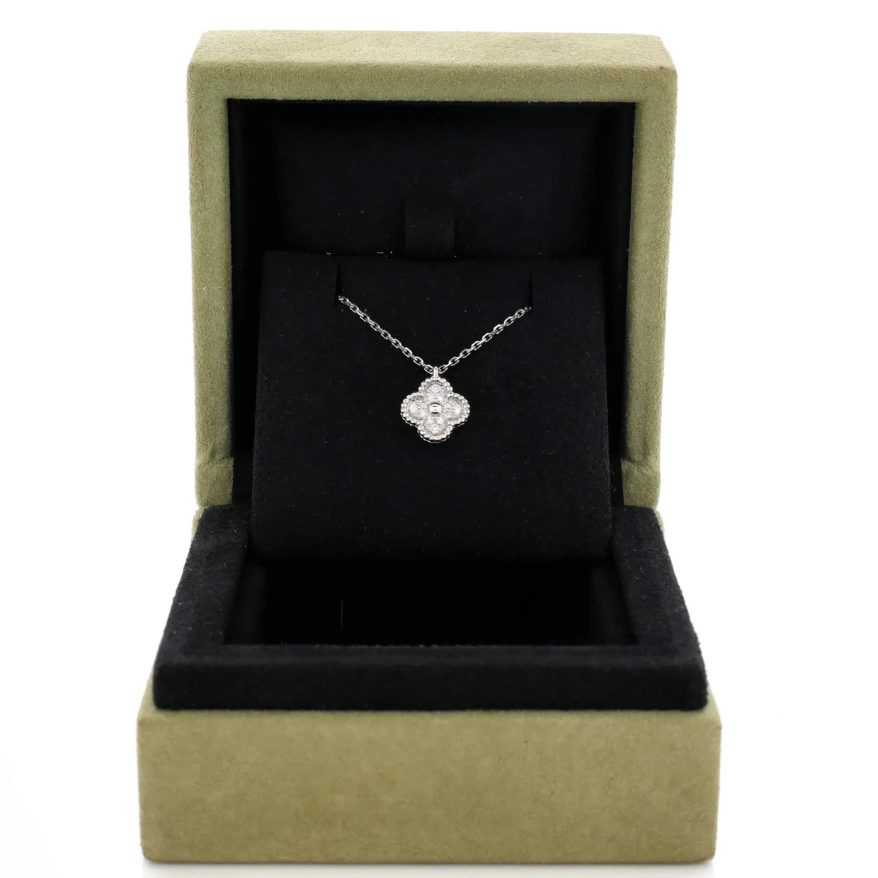 Sweet Alhambra Pendant Necklace 18K White Gold with Diamonds - Deep Luxury