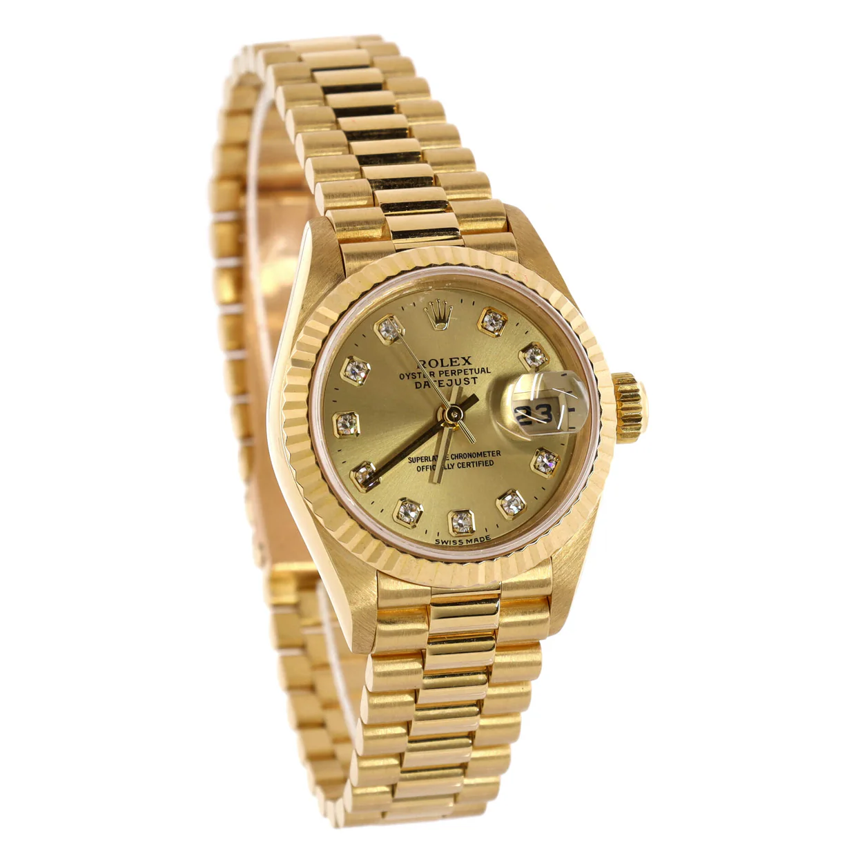Oyster Perpetual President Datejust Automatic Watch Yellow Gold with Diamond Markers 26 - Deep Luxury