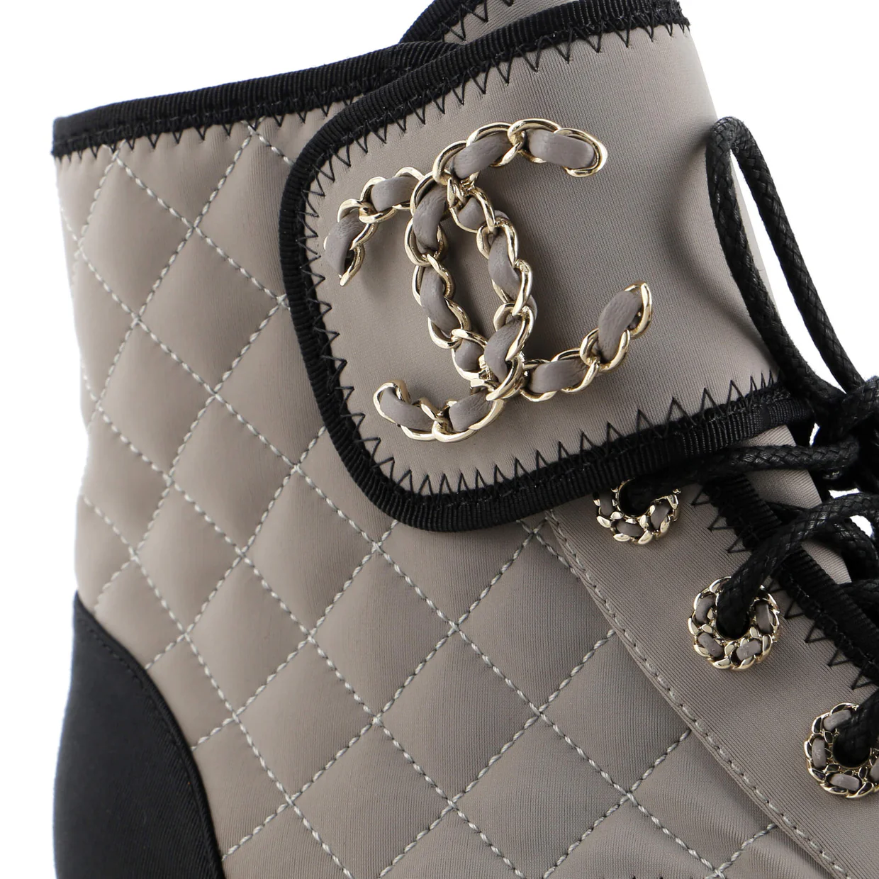 Women's Chain CC Cap Toe Lace Up Combat Boots Quilted Fabric and Grosgrain - Deep Luxury