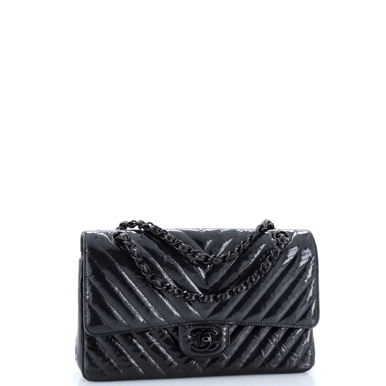 So Black Classic Double Flap Bag Chevron Crinkled Patent Medium - Deep Luxury