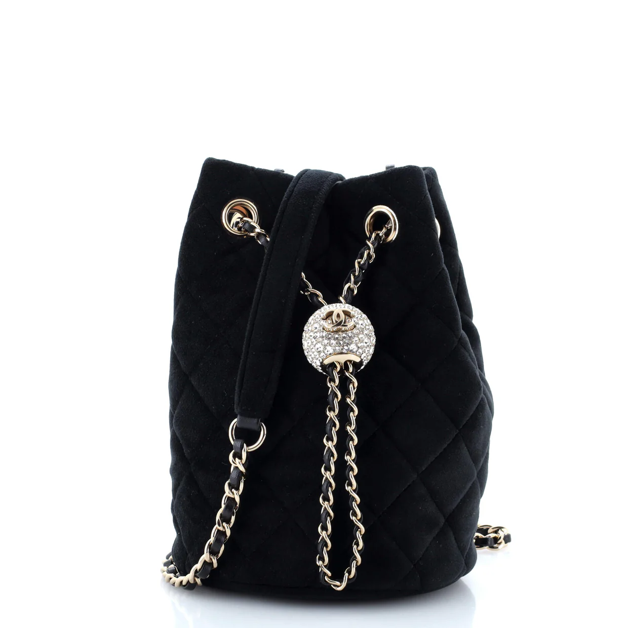 Pearl Crush Drawstring Bucket Bag Quilted Velvet with Crystals - Deep Luxury