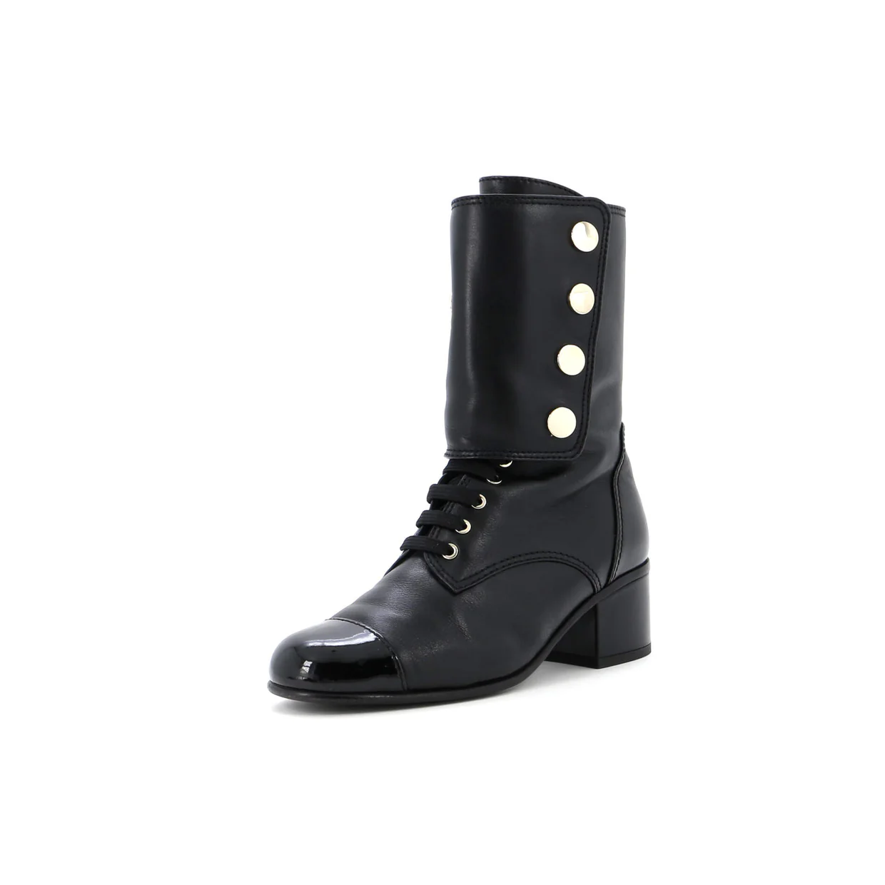 Women's Logo Button Snap Cap Toe Boots Leather with Patent - Deep Luxury