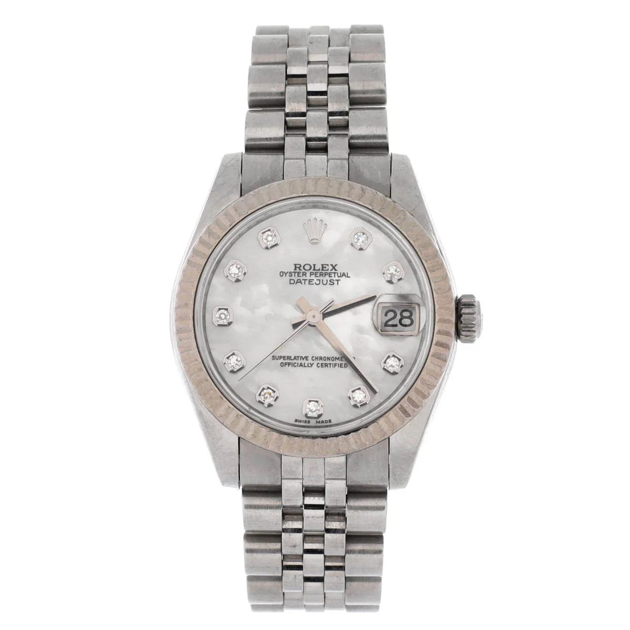 Oyster Perpetual Datejust Automatic Watch Stainless Steel and White Gold with Diamond Markers and Mother of Pearl 26 - Deep Luxury