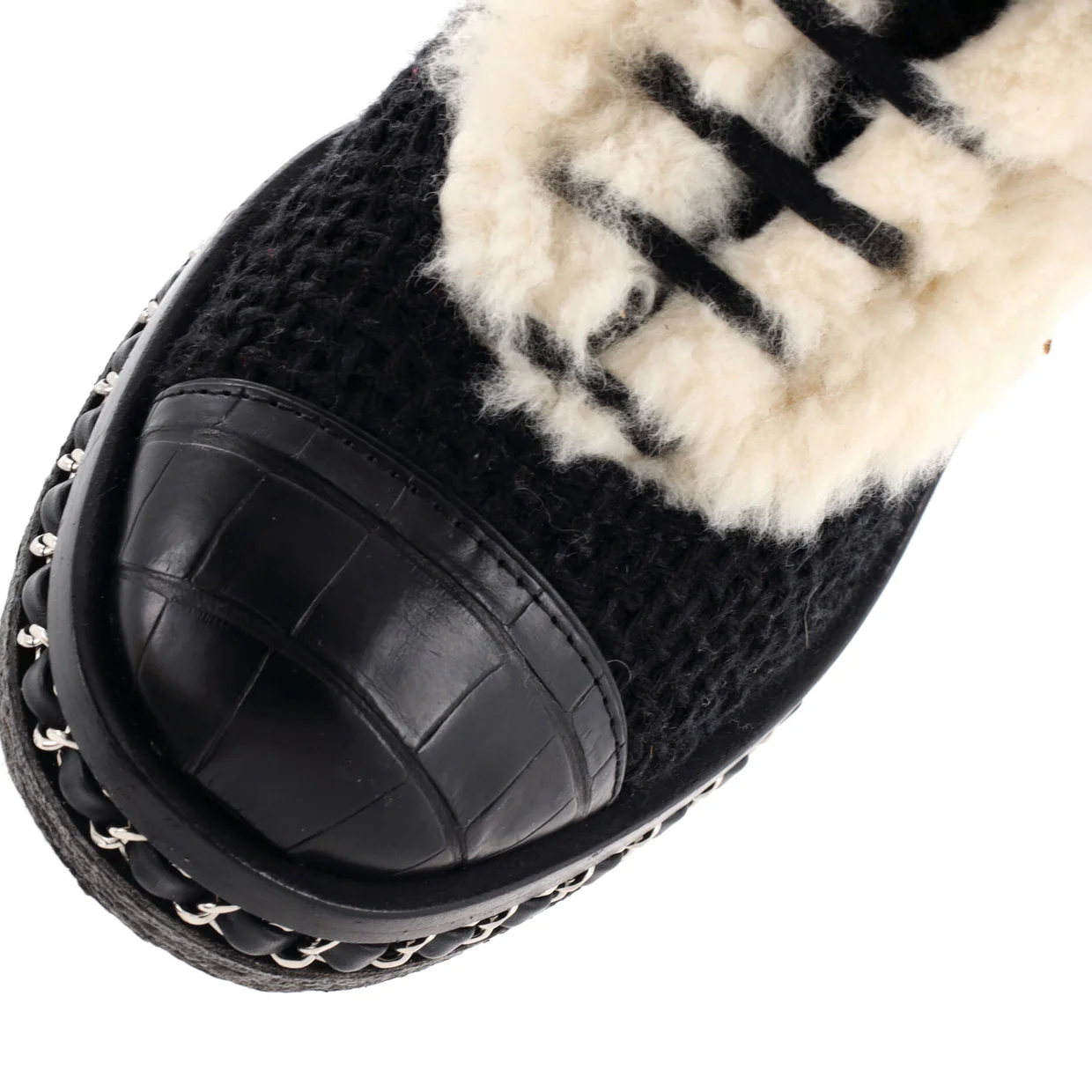 Women's Chain Sole Cap Toe Lace Up Ankle Boots Tweed and Fur with Leather - Deep Luxury