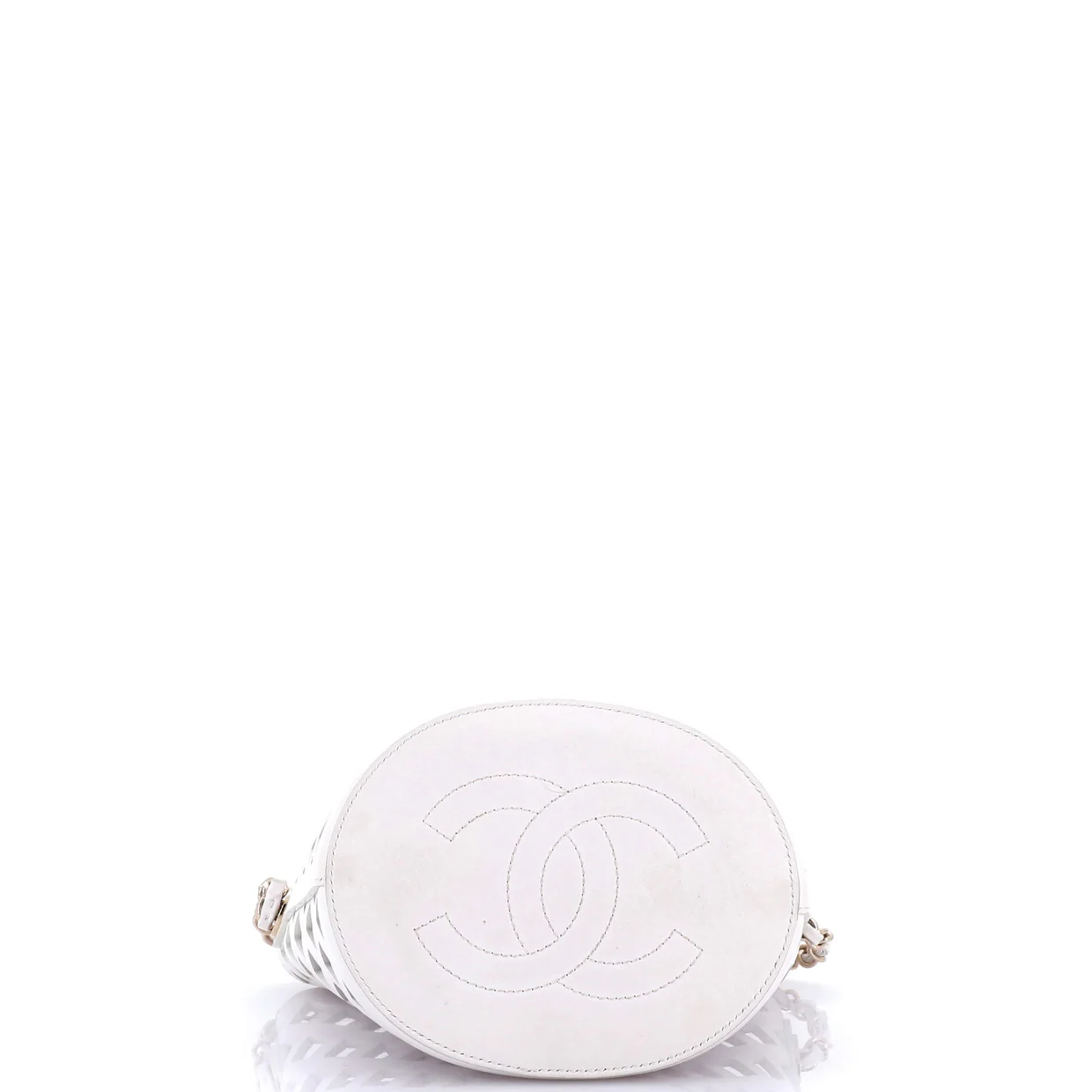 See Through Drawstring Bucket Bag Perforated Leather with Quilted Printed Canvas Small - Deep Luxury