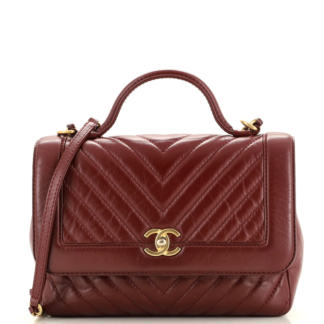Top Handle Flap Bag Chevron Calfskin Medium - Deep Luxury