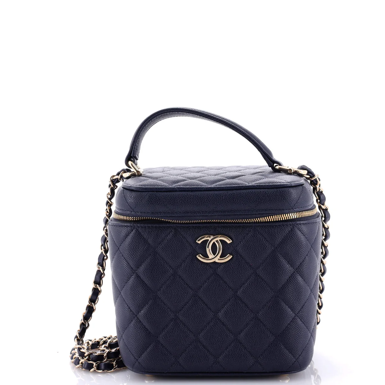 CC Top Handle Vanity Case with Chain Quilted Caviar Small - Deep Luxury