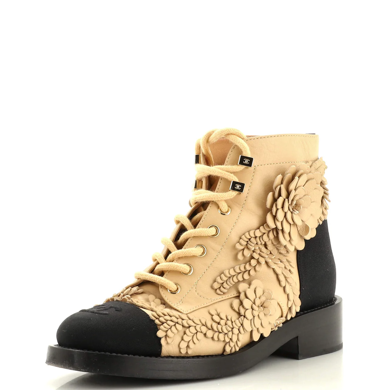 Women's CC Flowers Combat Boots Leather with Applique and Grosgrain - Deep Luxury
