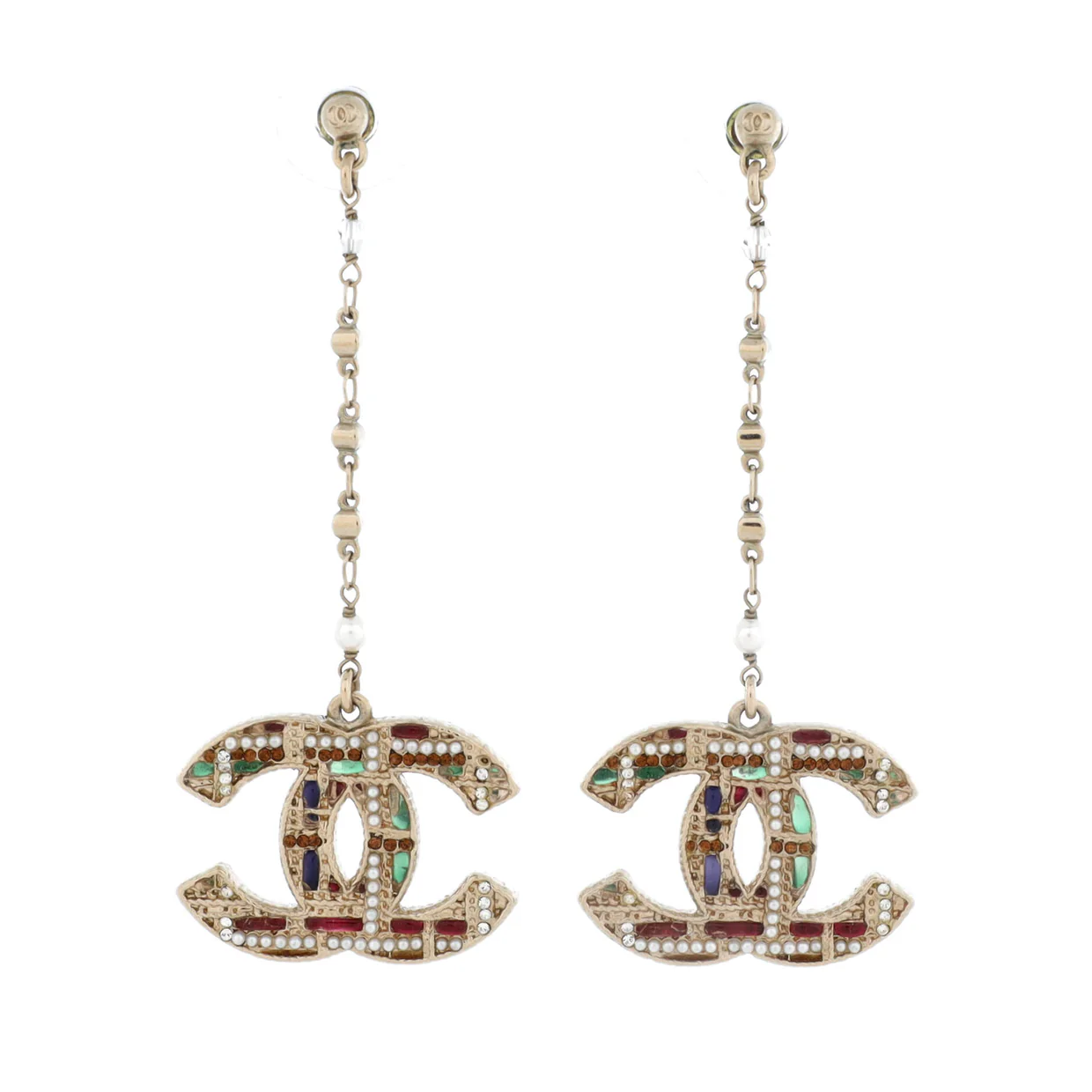 Tweed Effect CC Chain Drop Earrings Metal and Enamel with Crystals and Faux Pearls - Deep Luxury