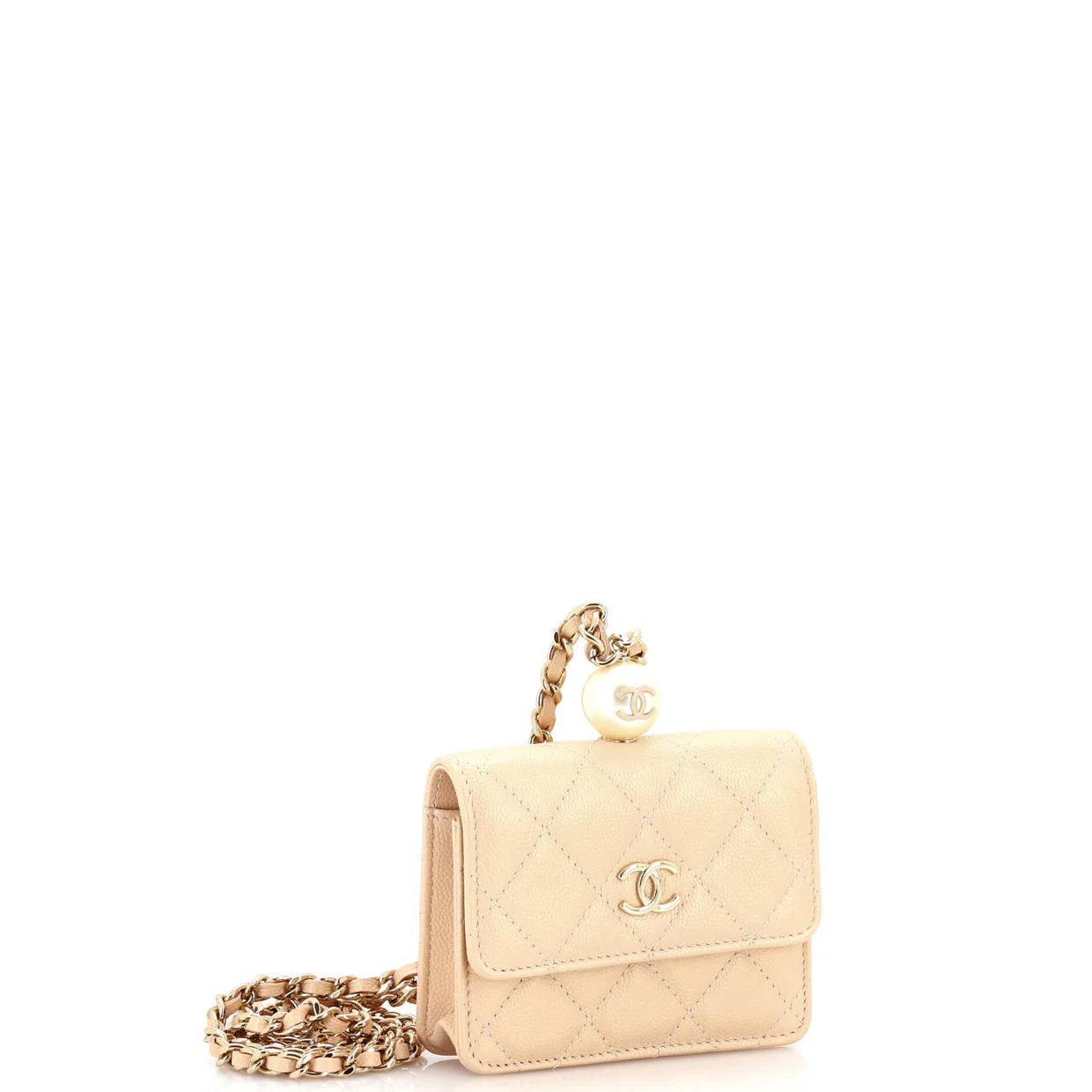 CC Pearl Coin Card Holder with Chain Quilted Iridescent Caviar - Deep Luxury