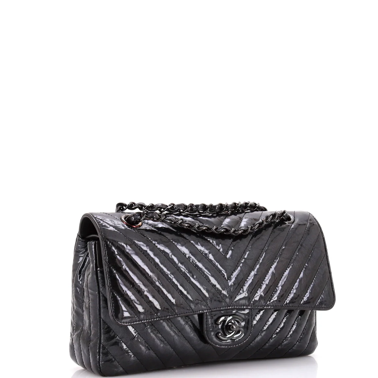 So Black Classic Double Flap Bag Chevron Crinkled Patent Medium - Deep Luxury