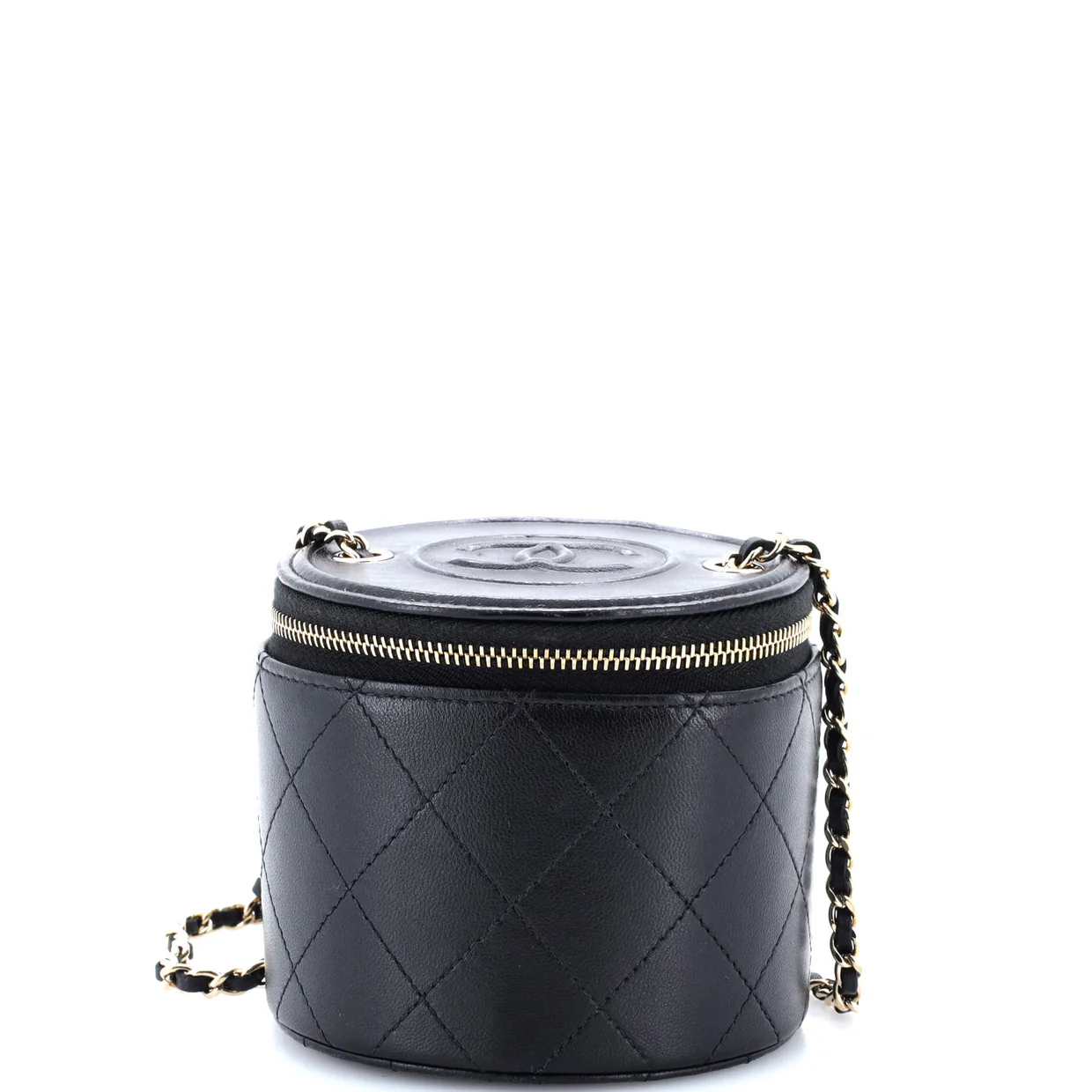 CC Round Vanity Case with Chain Quilted Lambskin Mini - Deep Luxury