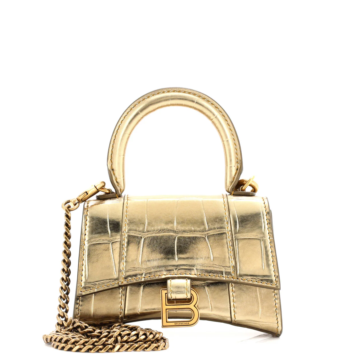 Hourglass Chain Top Handle Bag Crocodile Embossed Leather Mini - Deep Luxury