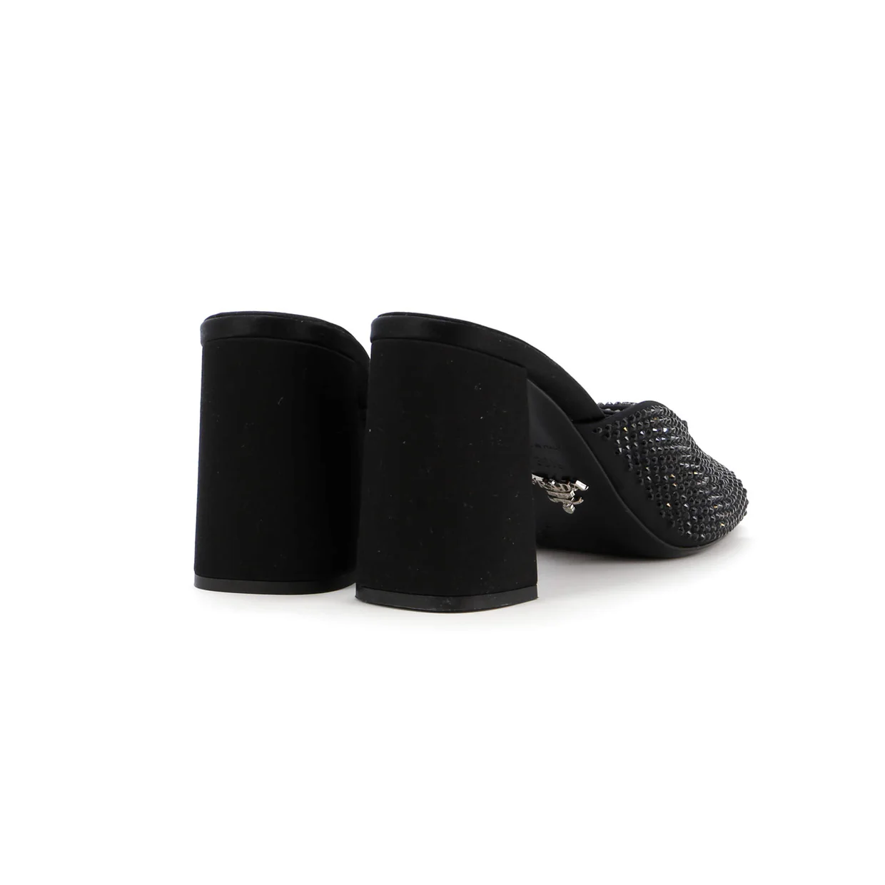 Women's Triangle Logo Heeled Mule Sandals Crystal Embellished Satin - Deep Luxury