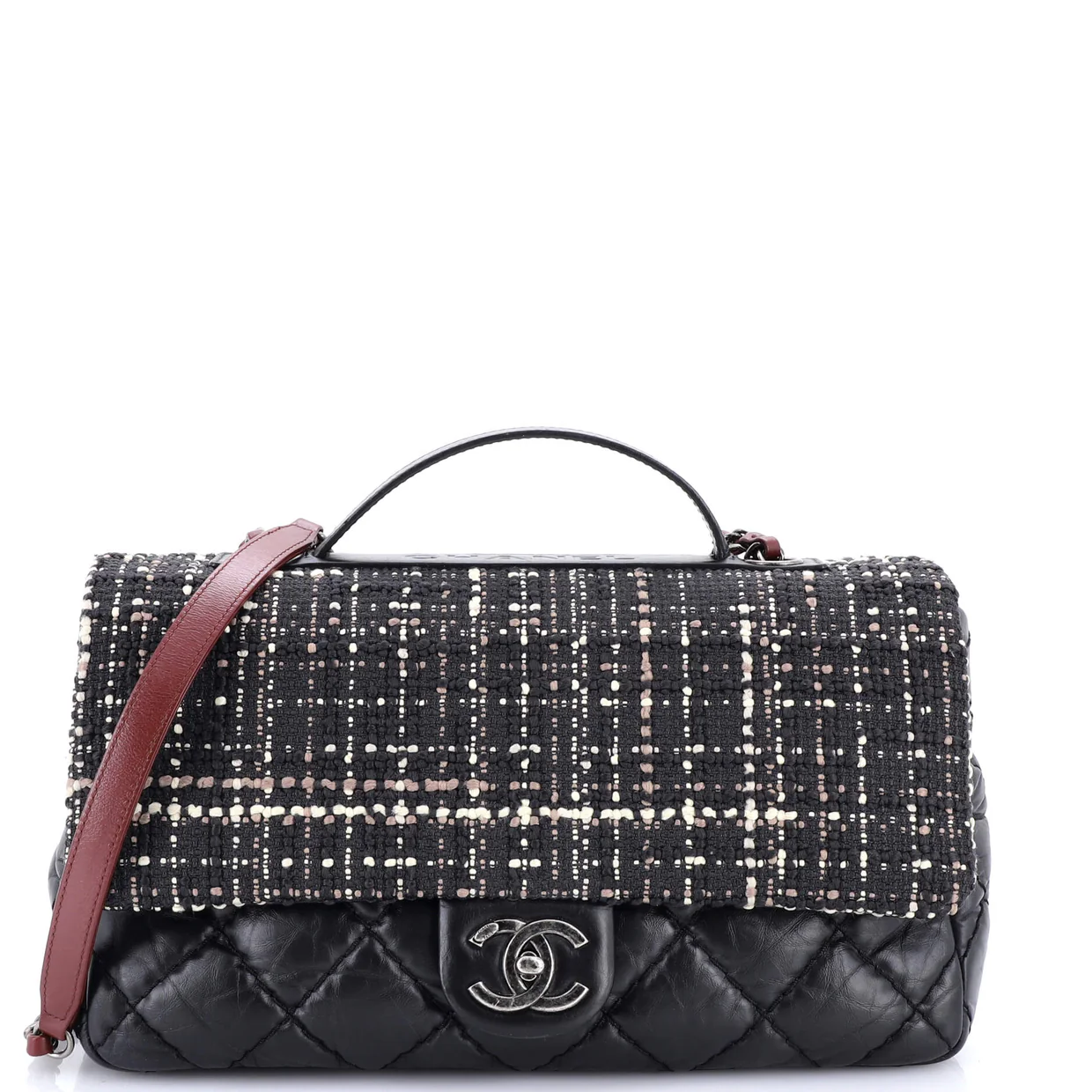 CC Top Handle Flap Bag Tweed and Quilted Aged Calfskin Medium - Deep Luxury