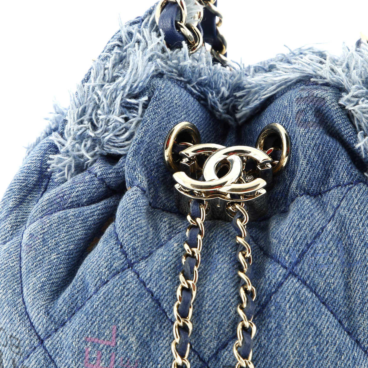 Denim Mood Chain Bucket Bag Logo Printed Quilted Fringe Denim Medium - Deep Luxury