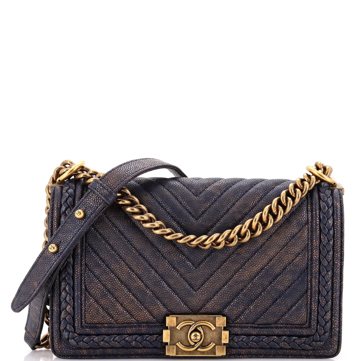 Braided Boy Flap Bag Patinated Chevron Caviar Old Medium - Deep Luxury