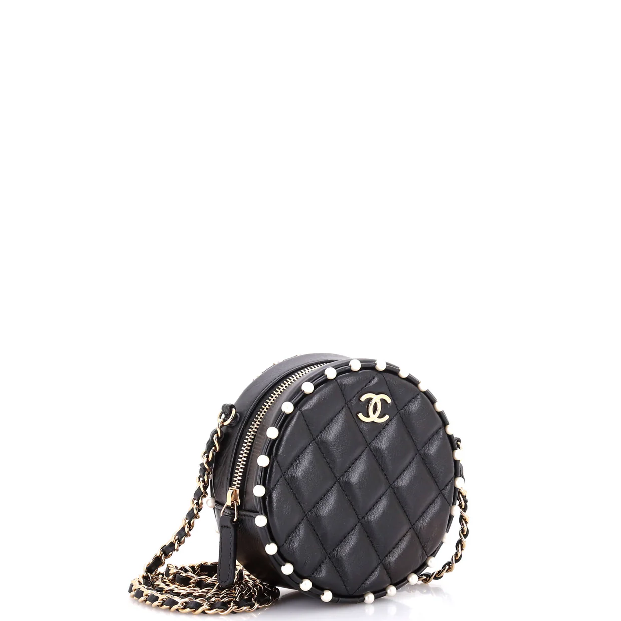 Round Clutch with Chain Quilted Calfskin with Pearl Detail - Deep Luxury