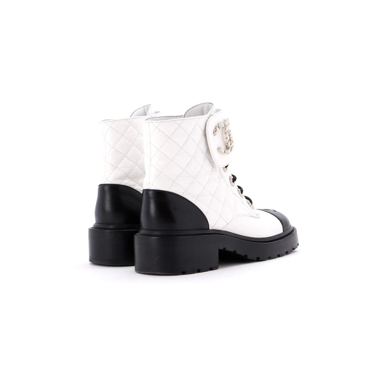 Women's Chain CC Cap Toe Lace Up Combat Boots Quilted Shiny Calfskin - Deep Luxury