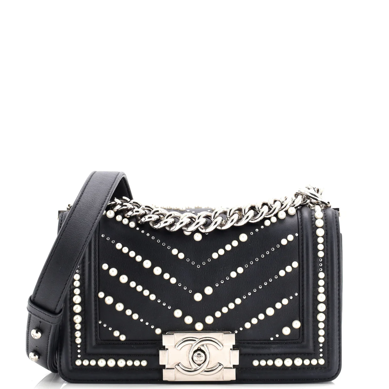 Boy Flap Bag Pearl Embellished Chevron Calfskin Small - Deep Luxury